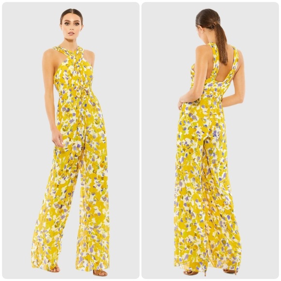 IEENA FOR MAC DUGGAL
Yellow Crossed Halter Tie Waist Jumpsuit  (D7) - Picture 1 of 14